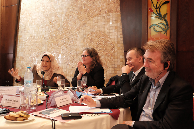 From right to left: Bo Schack, Director of the Gaza UNRWA Field Office, Nickolay Mladenov, UN Special Coordinator for the Middle East Peace Process, Sabine Machl, UN Women Special Representative in Palestine, Amal Hamad, Head of the General Secretariat of the General Union of Palestinian Women in Gaza