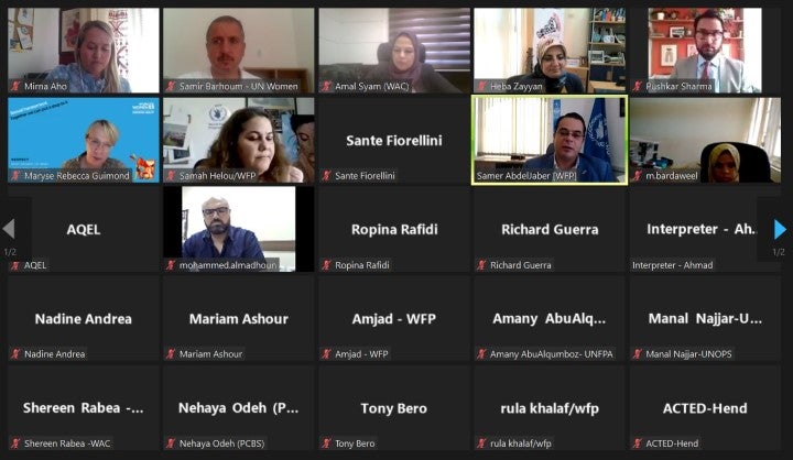 More than 50 representatives of UN agencies, civil society organizations, donors and other stakeholders take part in an online roundtable discussion on Wednesday 25 August 2021 to tackle the role of gender-sensitive cash and voucher assistance in responding to the needs of the whole population in Palestine – UN Women photo