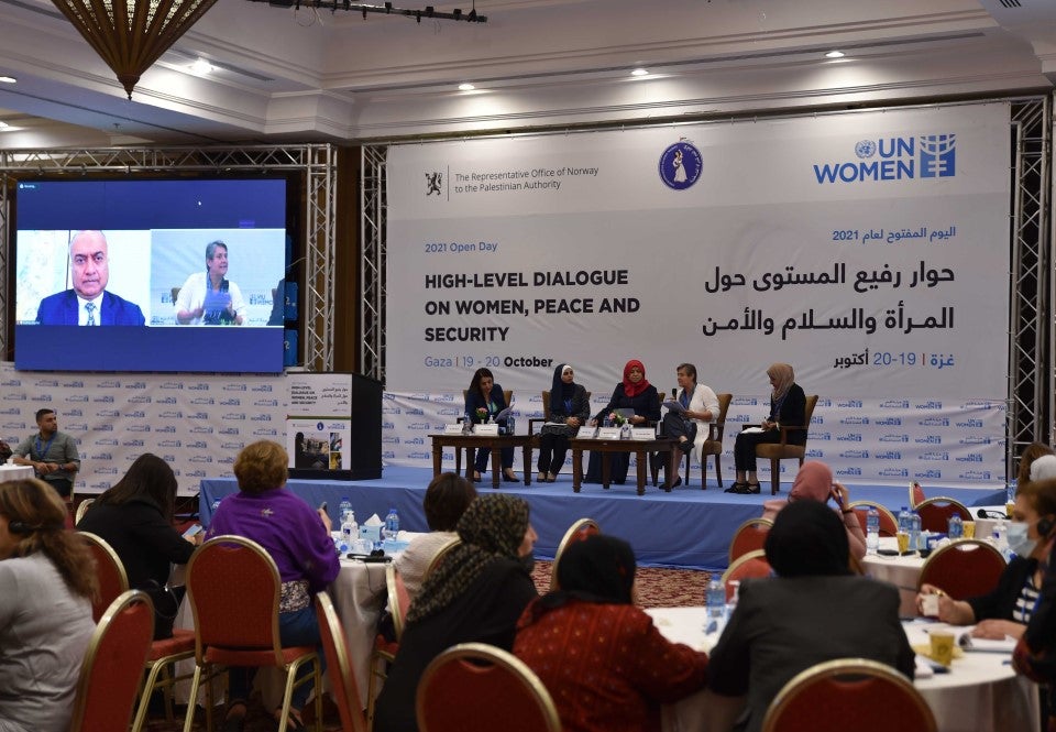 Women and youth activists take part in the annual Open Day on Women, Peace and Security (WPS) organized in Gaza on 20-21 October 2021 by UN Women in partnership with the General Union of Palestinian Women (GUPW) through funding by Norway (photo by Shareef Sarhan/UNDP)