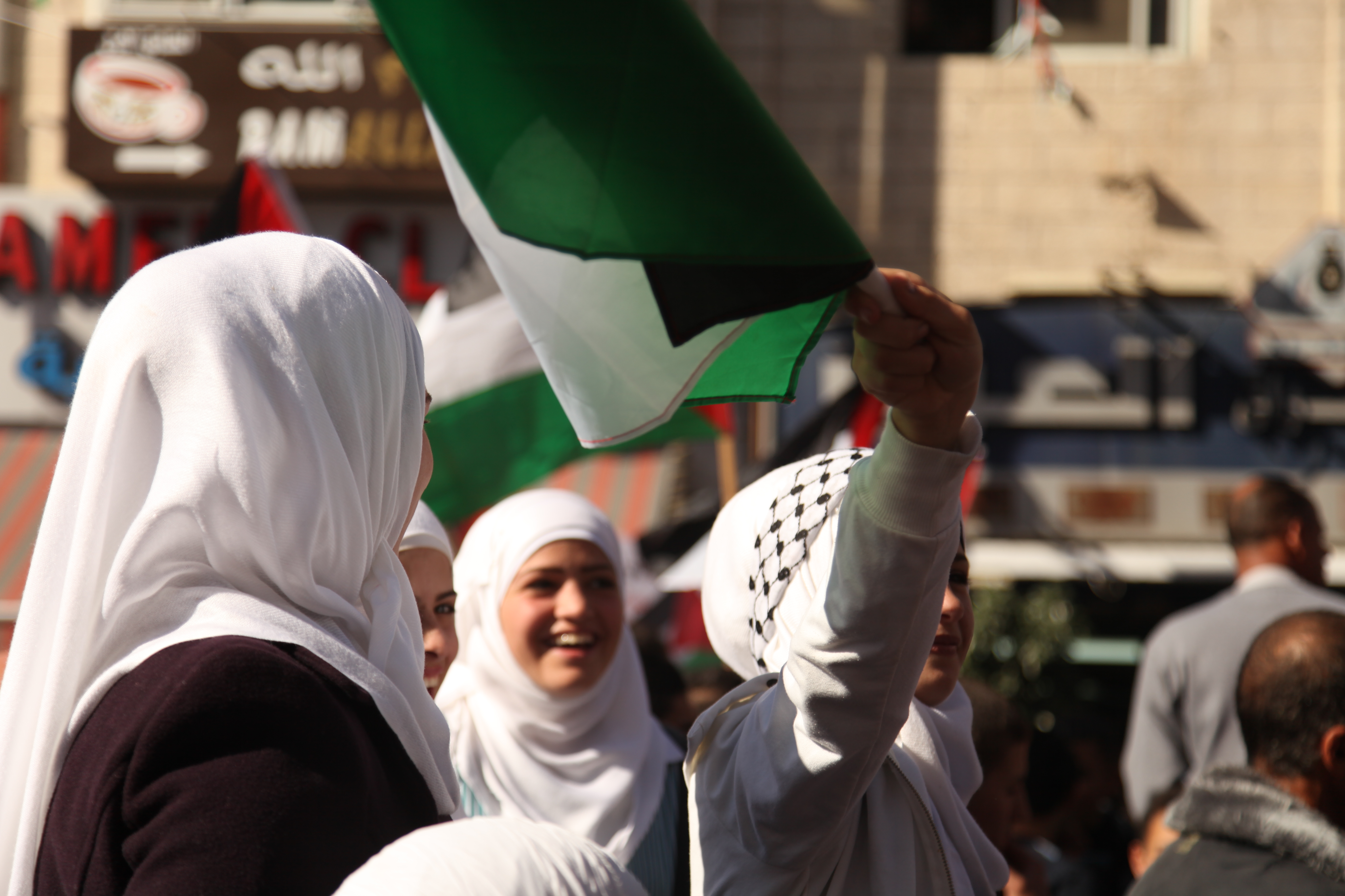 Palestinian girls celebrating new status of Palestine at the United Nations (Photo: UN Women/Mouhssine Ennaimi)